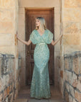 Green Draped Sleeve V Neck Gown