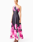 Petalia One Shoulder Gown in Black & Pink Floral