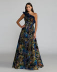 11978 Black Multicolor One Shoulder Burnout Velvet Gown
