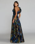 11978 Black Multicolor One Shoulder Burnout Velvet Gown
