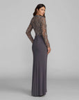 21328 Charcoal Embroidered Long Sleeve Jersey Gown