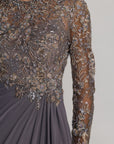 21328 Charcoal Embroidered Long Sleeve Jersey Gown
