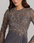 21328 Charcoal Embroidered Long Sleeve Jersey Gown