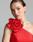 2364 Satin One Shoulder 3D Flower Godet Hem Midi Dress