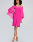 silky knit sheath with chiffon pleated cape shocking pink