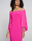 silky knit sheath with chiffon pleated cape shocking pink