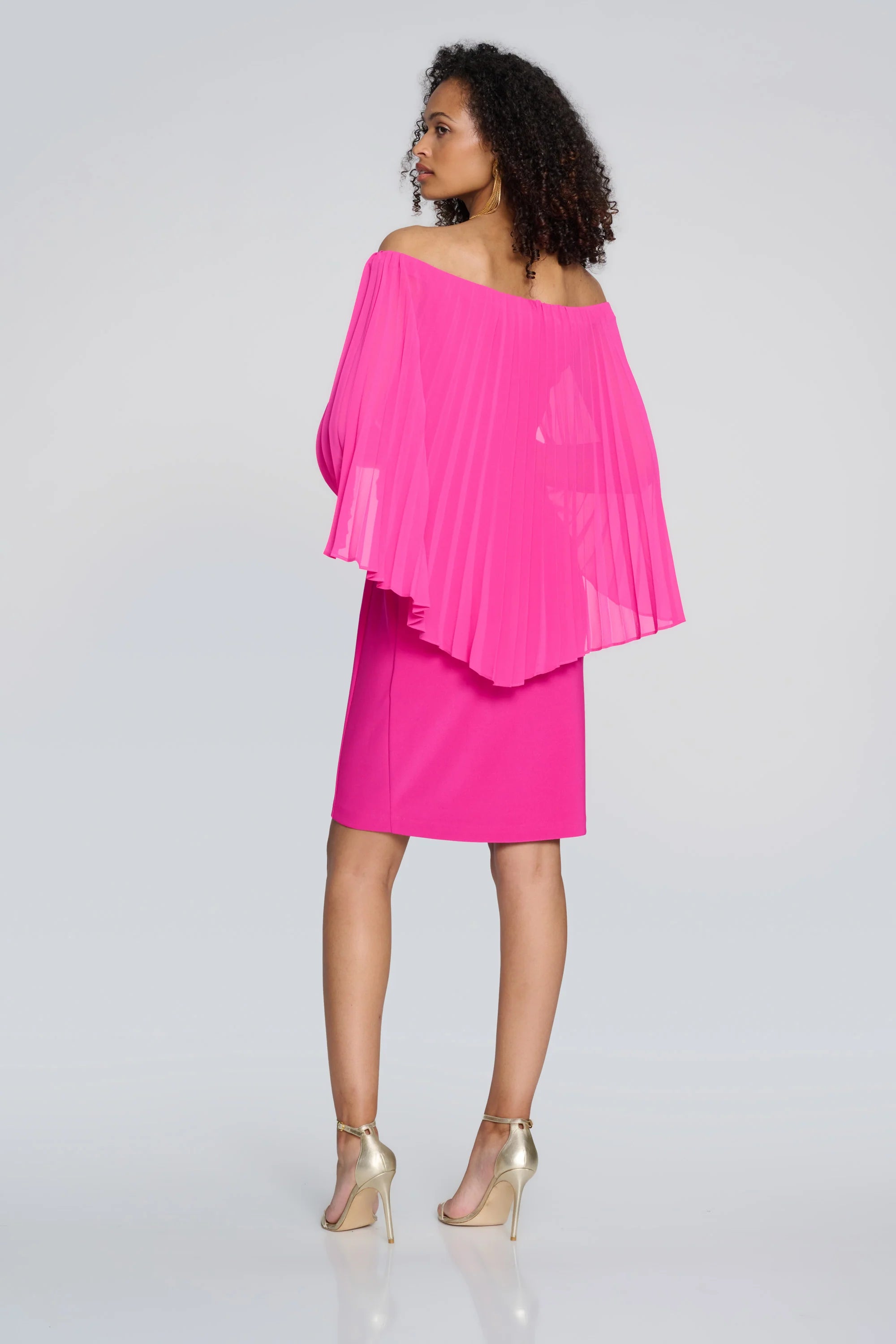 silky knit sheath with chiffon pleated cape shocking pink – ZsaZsa Boutique