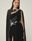 6396 long evening chiffon one shoulder gown with matching beaded cape .