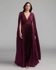 49872 Pleated Charmeuse V Neck Gown With Cape
