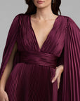 49872 Pleated Charmeuse V Neck Gown With Cape