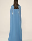 6396 long evening chiffon one shoulder gown with matching beaded cape .