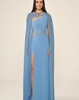 6396 long evening chiffon one shoulder gown with matching beaded cape .