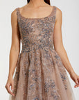 Brown Hand Embellished Tulle A-Line Gown