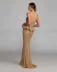 86018 Beaded Gold Strapless Peplum Gown