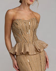 86018 Beaded Gold Strapless Peplum Gown