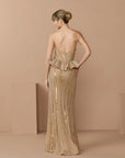 86018 Beaded Gold Strapless Peplum Gown