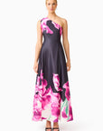 Petalia One Shoulder Gown in Black & Pink Floral