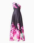 Petalia One Shoulder Gown in Black & Pink Floral