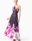 Petalia One Shoulder Gown in Black & Pink Floral