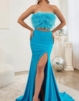 C141 long skirt with matching strapless top with feather trim