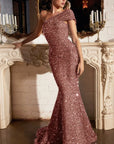 CD980 off the shoulder sequins long gown