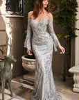 CM319 long evening gown with bell sleeve