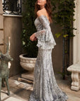 CM319 long evening gown with bell sleeve