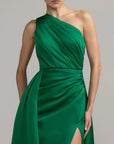 Emerald One Shoulder Satin Gown With Overskirt