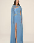 6396 long evening chiffon one shoulder gown with matching beaded cape .