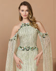Green Embellished Column Gown With Cape Sleeves