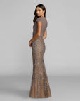 21291 Beige Jersey Wrap Top Floral Sequin Gown