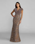 21291 Beige Jersey Wrap Top Floral Sequin Gown