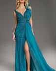 Beaded Gown With Draped Tulle Overlay and Slit 44846