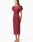 Carmen Puff Sleeve Midi Dress in Red
