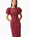 Carmen Puff Sleeve Midi Dress in Red