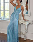 CDS577
A-LINE FRINGE GOWN WITH EMBELLISHED HALTER BODICE