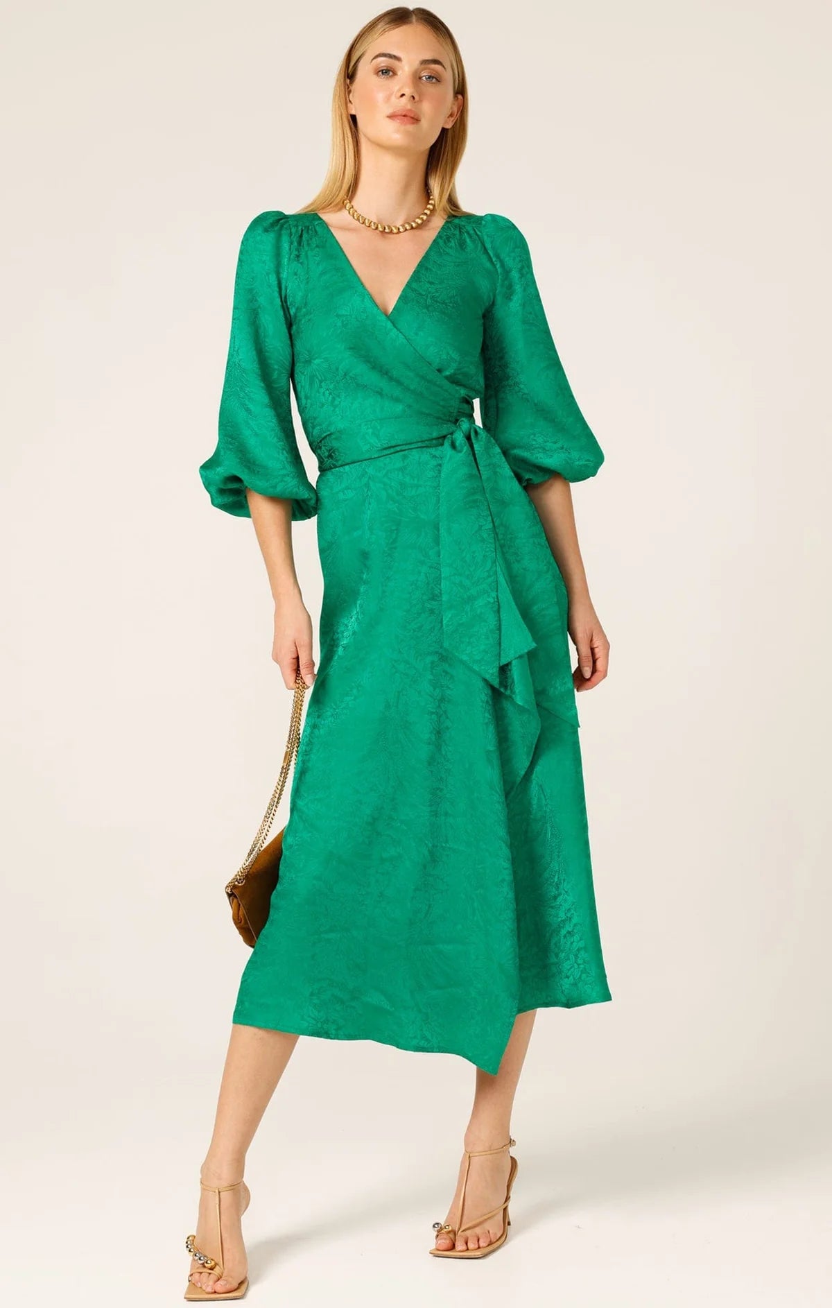 slim fit dress slacks Preslee Emerald Green Sequin Angel Sleeve Wrap Over Midi Dress main image 0