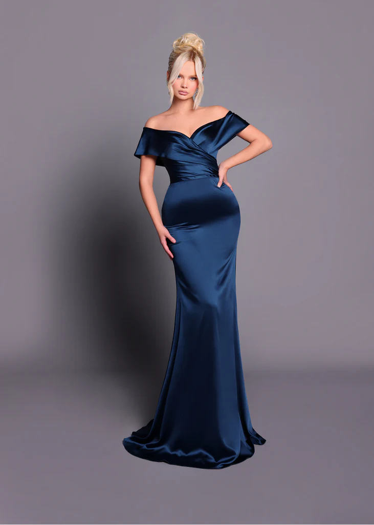 Off Shoulder V-neck Satin Dress by Nicoletta NBM2020 – ZsaZsa Boutique
