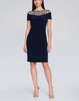 Silky Knit Sheath Dress With Embellished Neckline