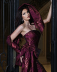 Strapless Draped Metallic Brocade Gown 53352
