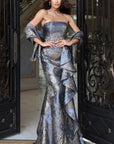 Strapless Draped Metallic Brocade Gown 53352
