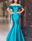 Teal Off-Shoulder Rosettes Mermaid Gown 53638