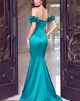 Teal Off-Shoulder Rosettes Mermaid Gown 53638