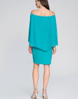silky knit sheath dress with chiffon pleated cape Ocean Blue