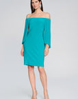 silky knit sheath dress with chiffon pleated cape Ocean Blue
