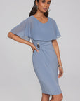 Silky knit sheath dress with chiffon cape