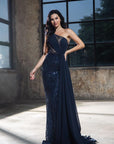 3545 long bodice beaded top with long side chiffon train