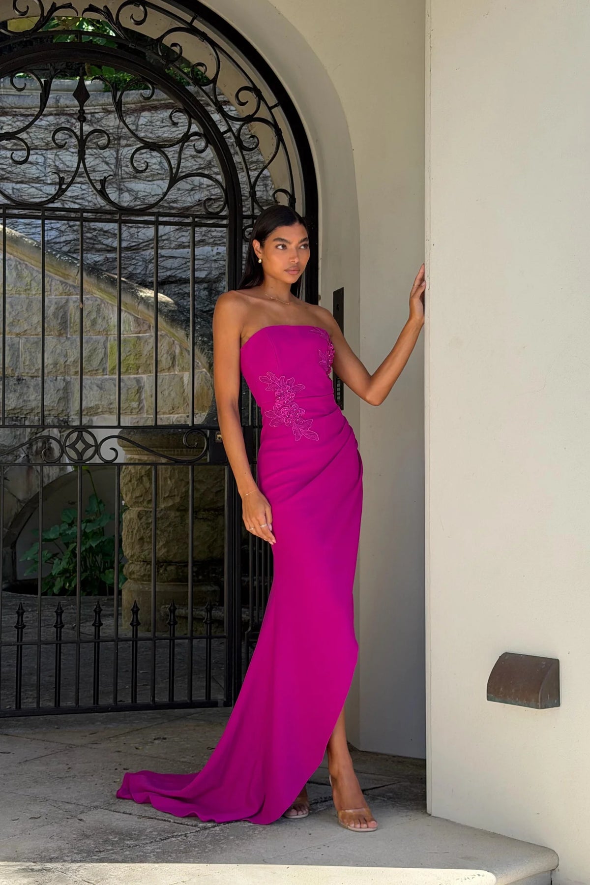 Dahlira Asymmetrical Gown in Orchid Pink
