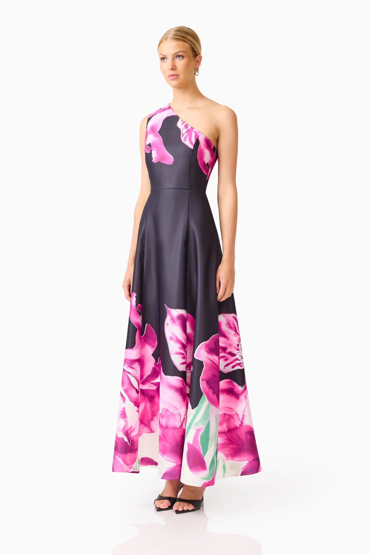 Petalia One Shoulder Gown in Black &amp; Pink Floral