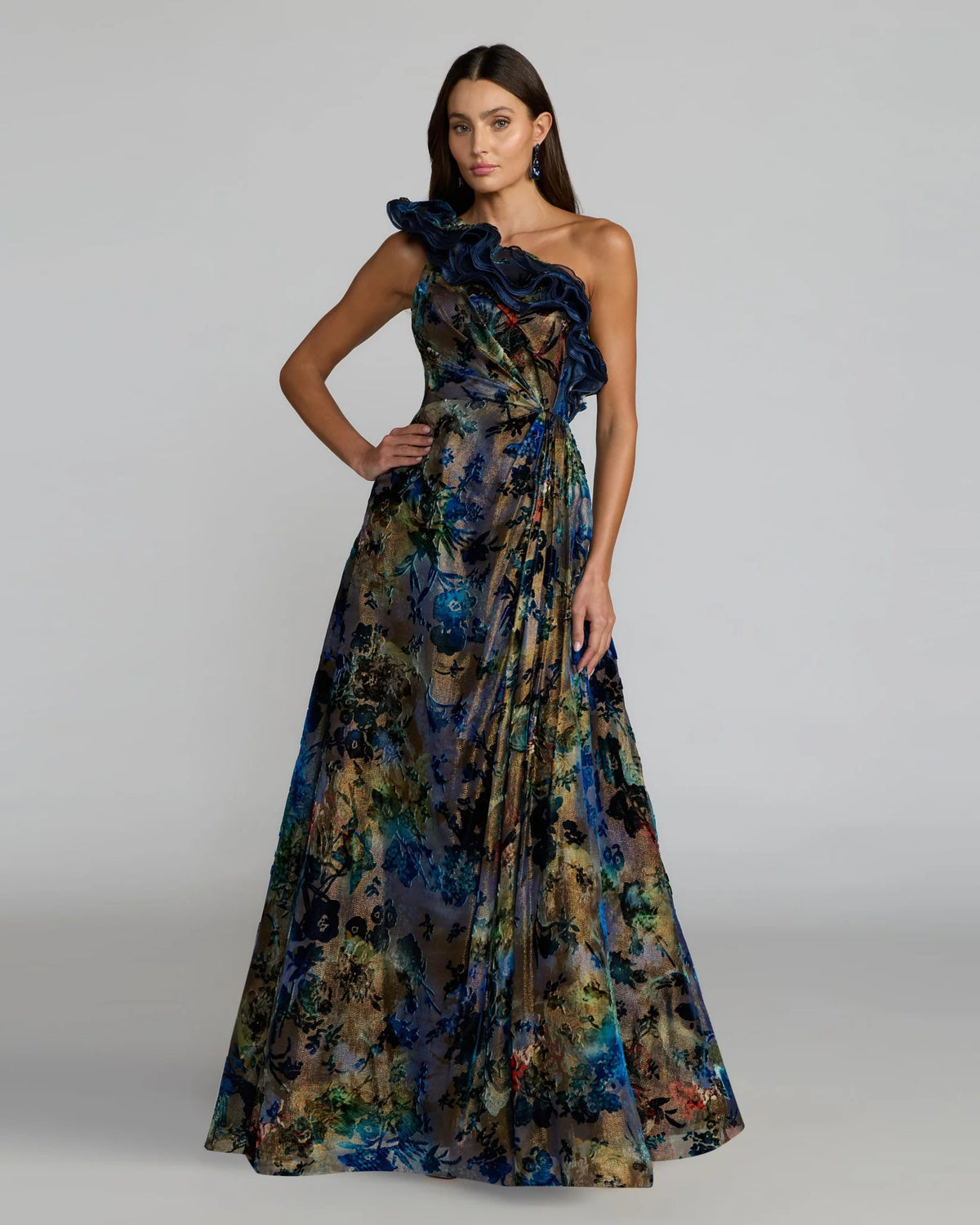 11978 Black Multicolor One Shoulder Burnout Velvet Gown